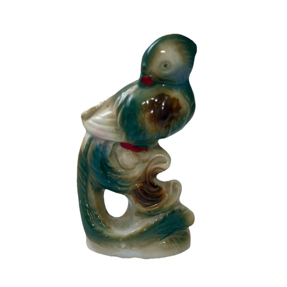 Vintage Bird Figurine Ceramic Green Brown Perched On Branch Japan